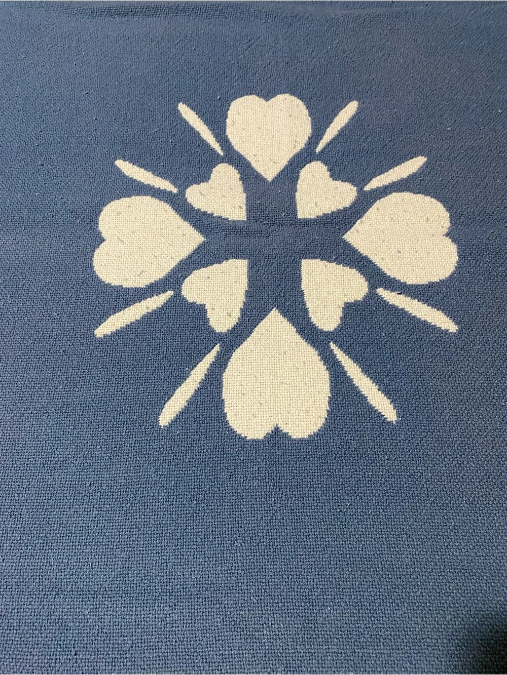 Source Unknown Blue and White Heart Motif Tapestry Vintage dated 1989